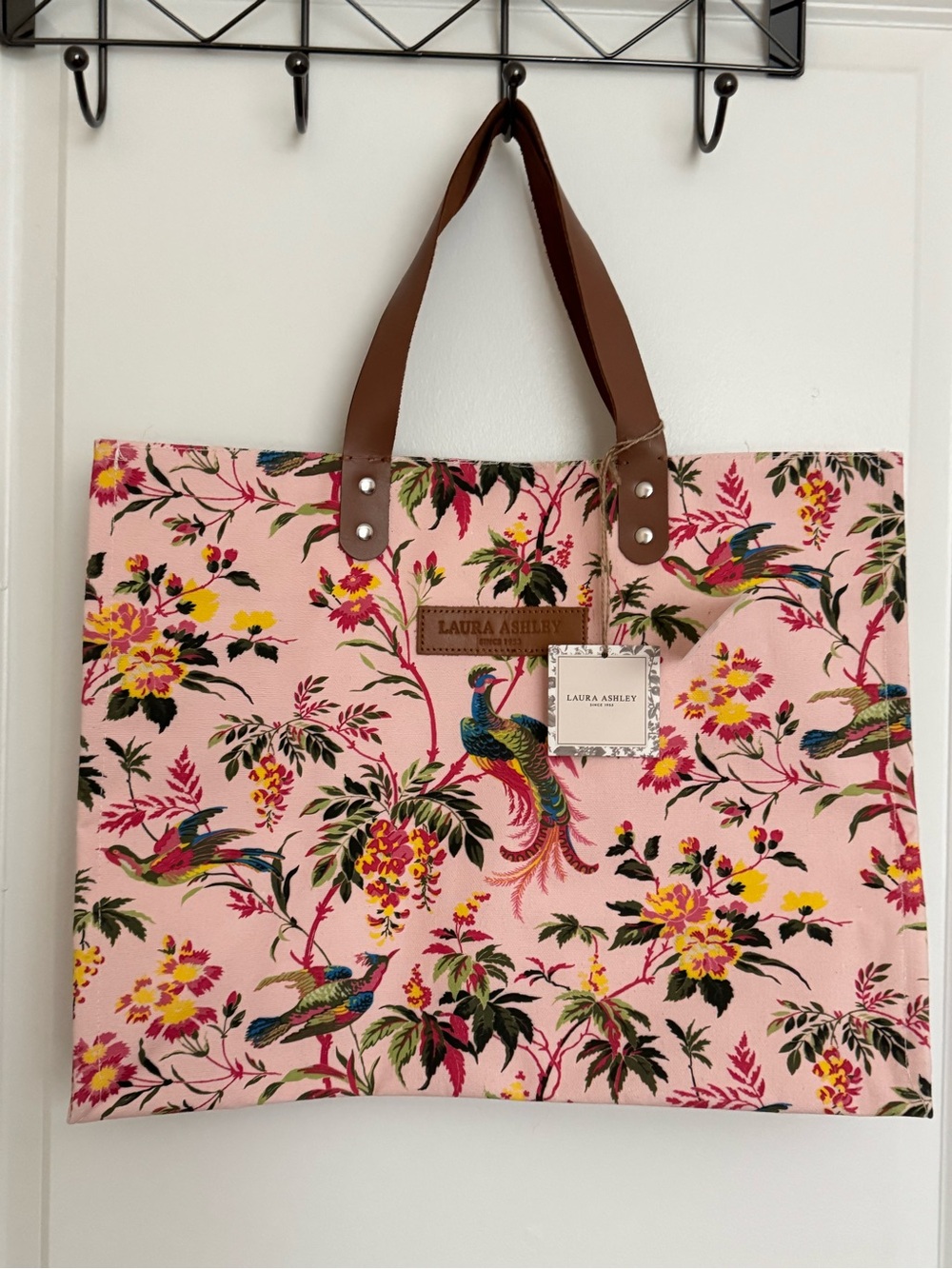 Laura Ashley Pink Floral Peacock Canva Tote Bag